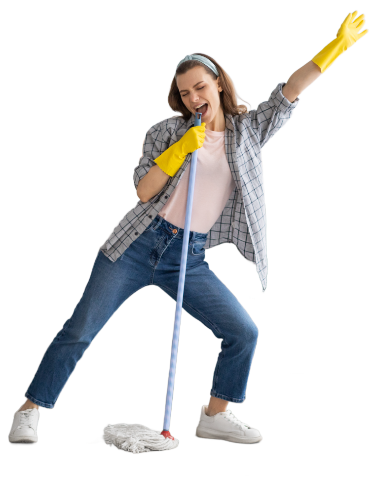 Cleaner with yellow gloves